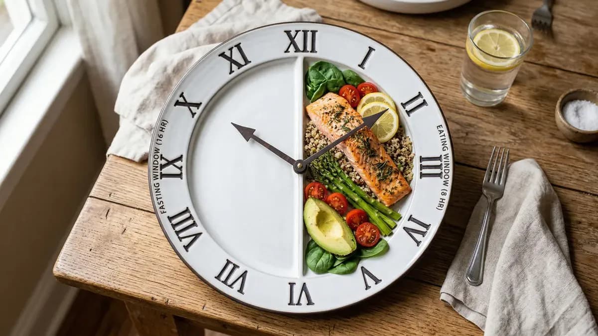 Klok naast een bord met gezonde maaltijd dat het 8-uurs eetvenster van de 16/8 intermittent fasting methode illustreert