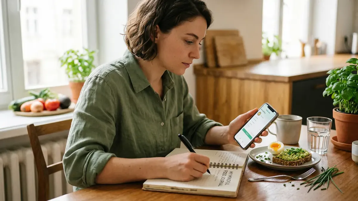Person logging food in a journal and on phone — mindful eating concept photography