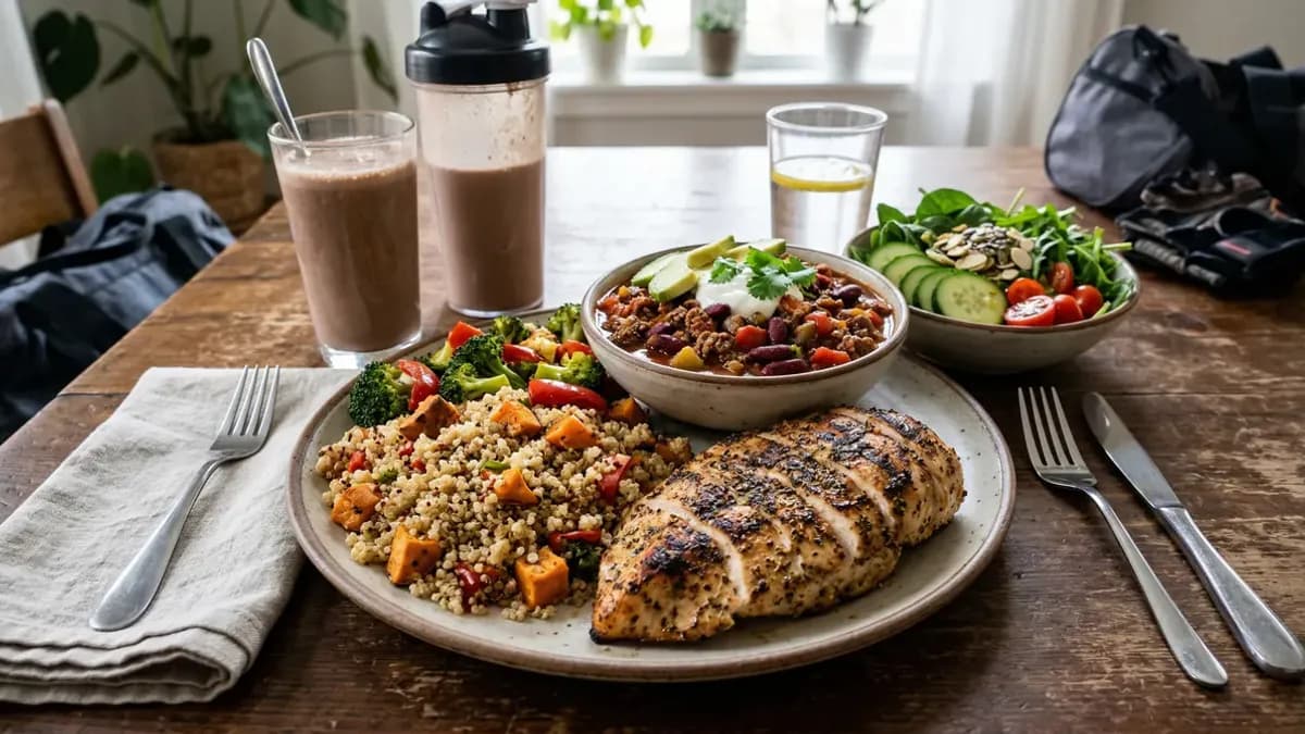 Large plate with a healthy bulking meal: rice, chicken, vegetables and nuts — muscle-building nutrition photographed from above