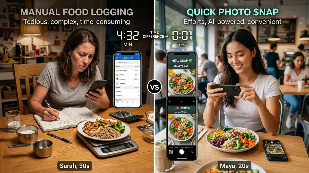 Een vrouw fotografeert een kleurrijke salade met haar smartphone, waarbij de camera-interface AI-voedselherkenning toont om calorieën te tellen.