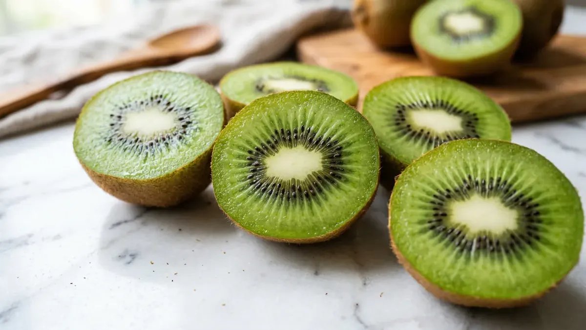 Doorgesneden groene kiwi op een wit bord naast hele kiwi's, als illustratie bij een artikel over calorieën in kiwi
