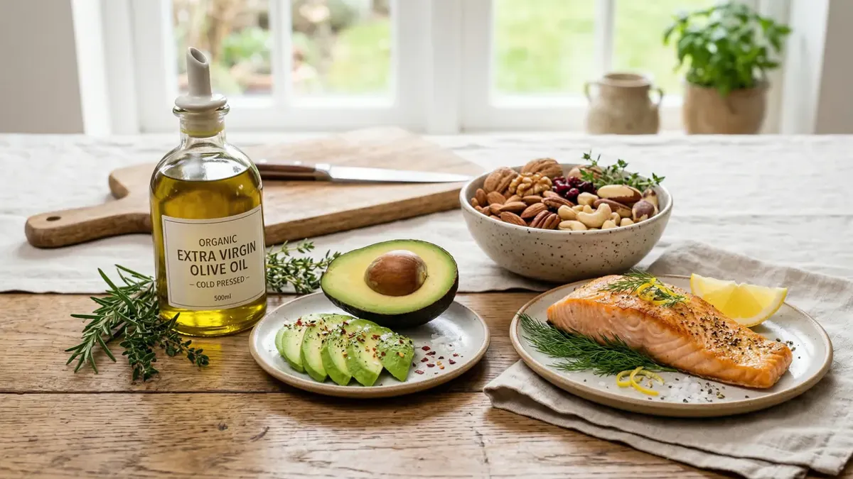 Selectie van gezonde vetten: olijfolie, avocado, noten, zalm en zaden op een houten plank