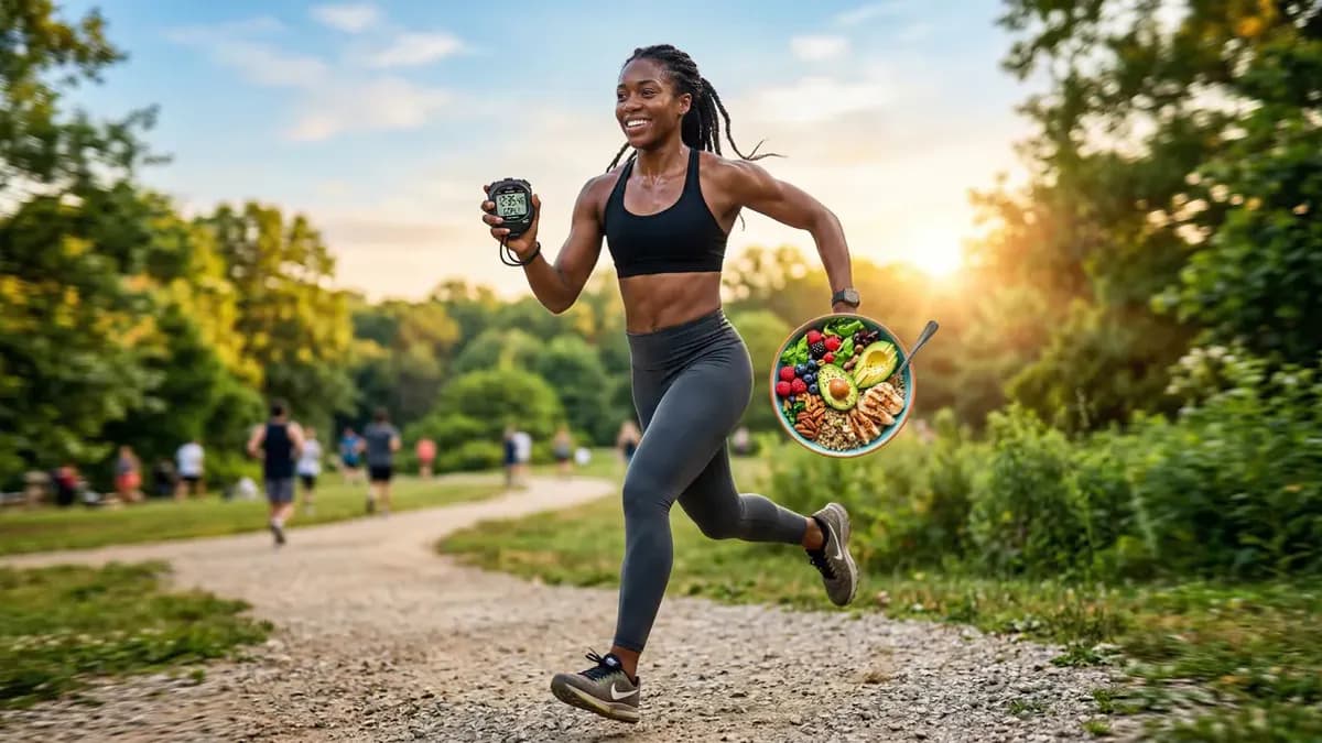 Fit person alongside healthy foods and a stopwatch, energetic composition, fitness motivation photography