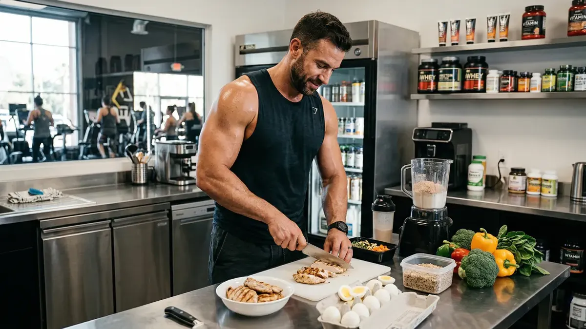 Gespierde persoon die een eiwitrijke maaltijd bereidt na een training in een fitnessomgeving — post-workout voeding voor spieropbouw