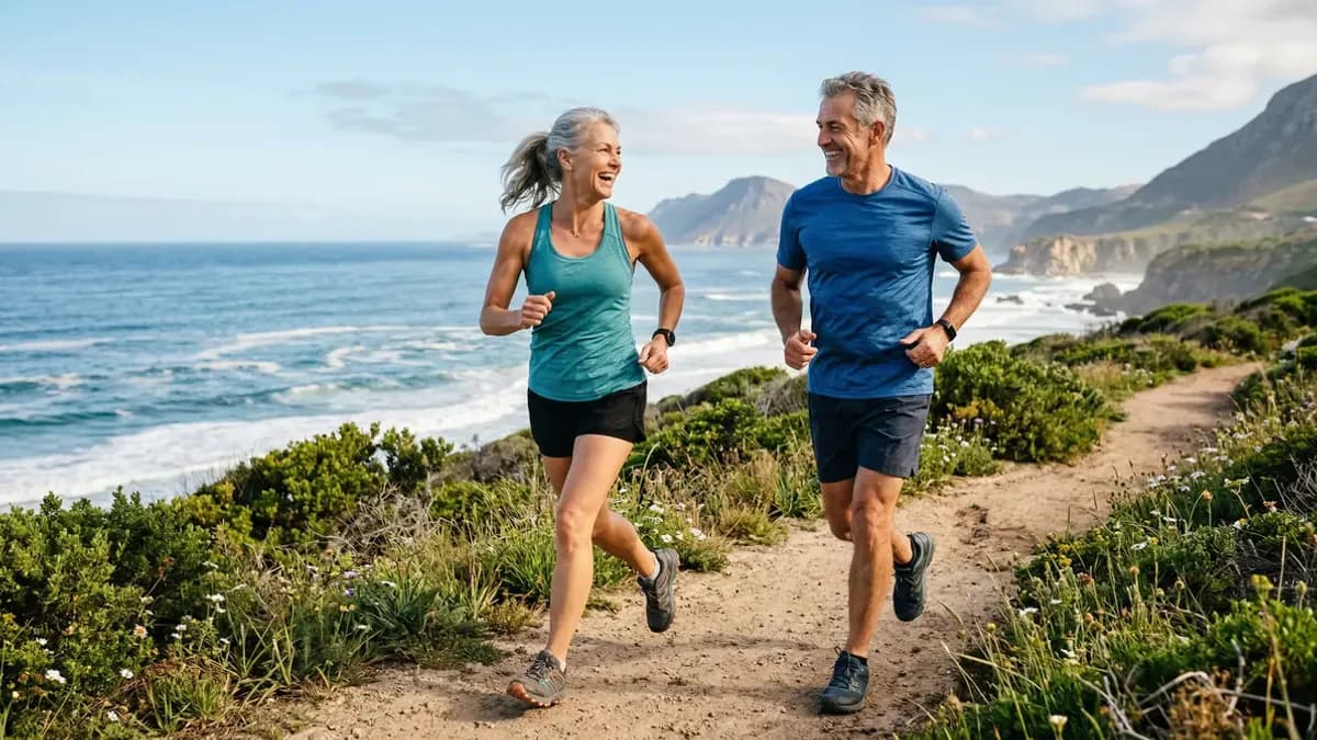 Active couple over 50 exercising together outdoors, smiling, silver fitness lifestyle photography