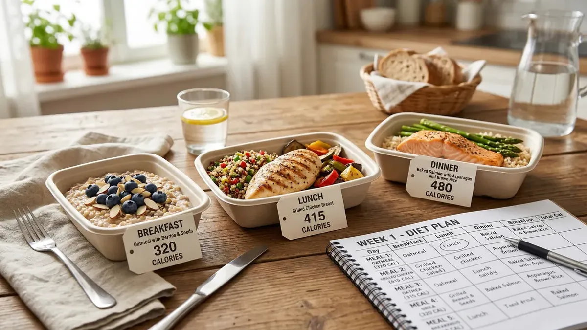 Portion-controlled meals on a table with calorie labels — 1,500 calorie diet plan