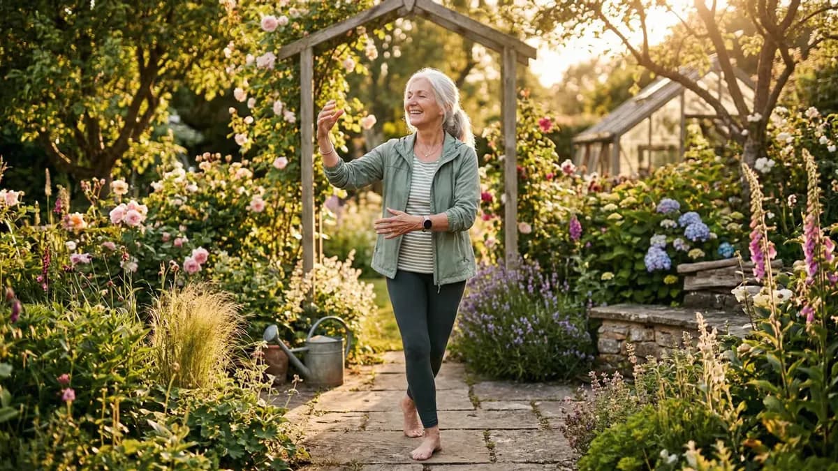 Happy senior person doing light exercises in a garden, healthy ageing concept, warm golden hour photography