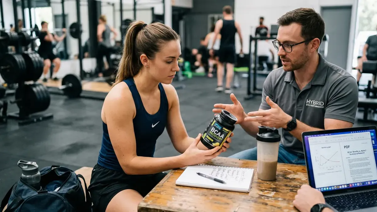 BCAA supplement capsules en poeder naast een weegschaal en sportuitrusting, illustratie van sportersvoedingssupplementen voor spierherstel