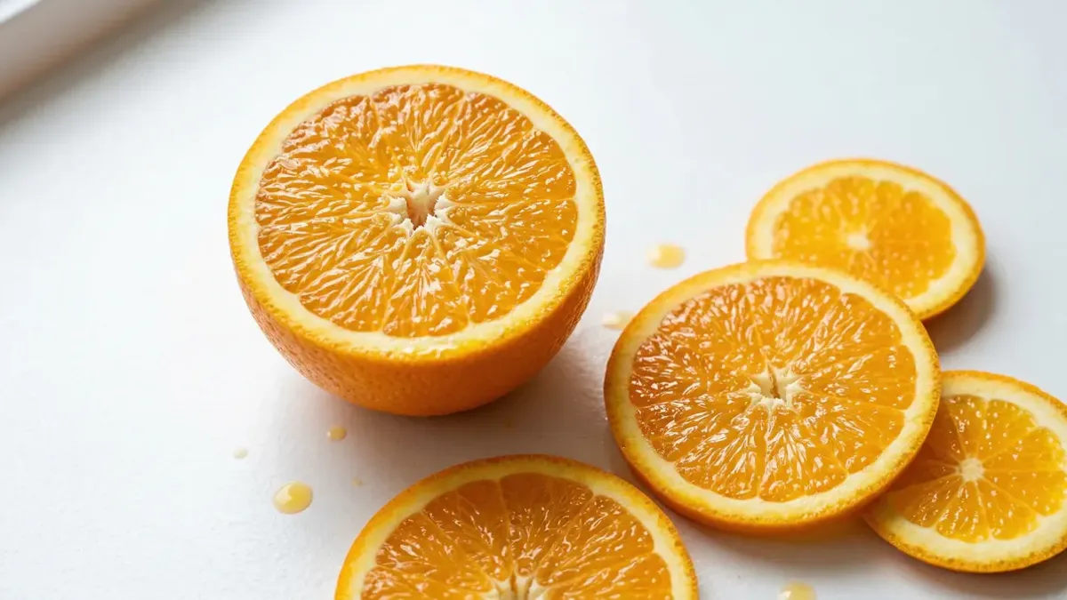 Hele sinaasappel naast een glas vers sinaasappelsap met een vergelijking van calorieën en voedingswaarden