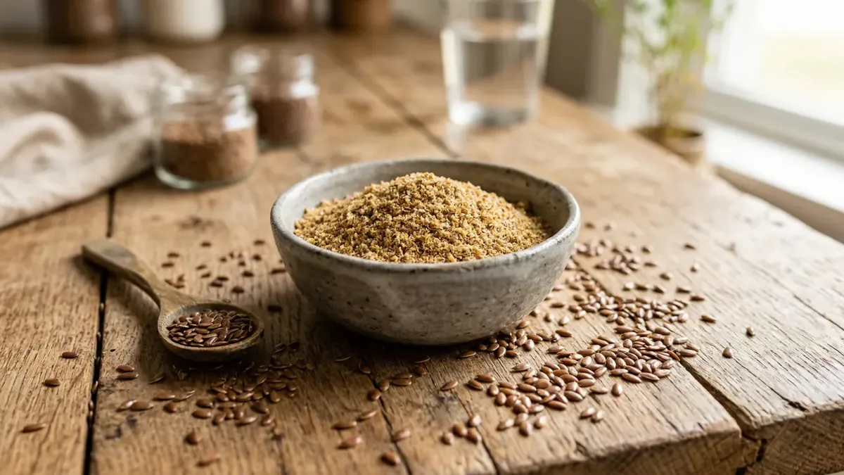 Kom met gemalen lijnzaad en hele lijnzaden verspreid eromheen, plantaardige omega-3 bron