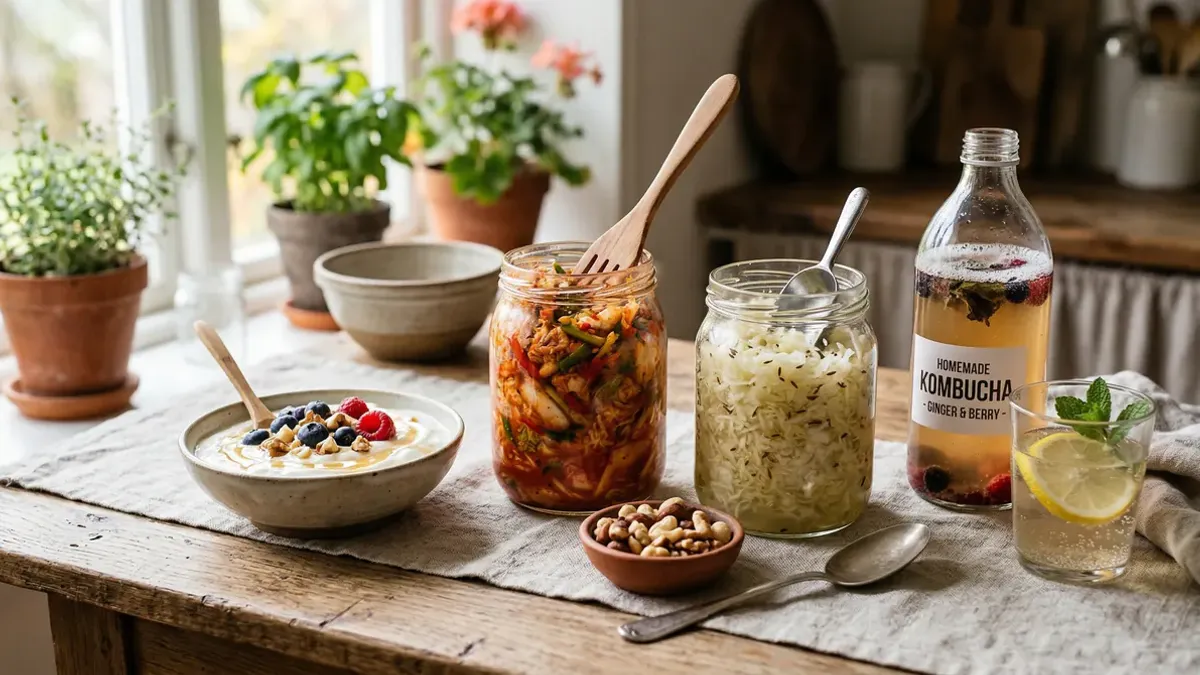 Gefermenteerde voedingsmiddelen — yoghurt, kimchi, zuurkool en kombucha — als probiotische bronnen voor darmgezondheid