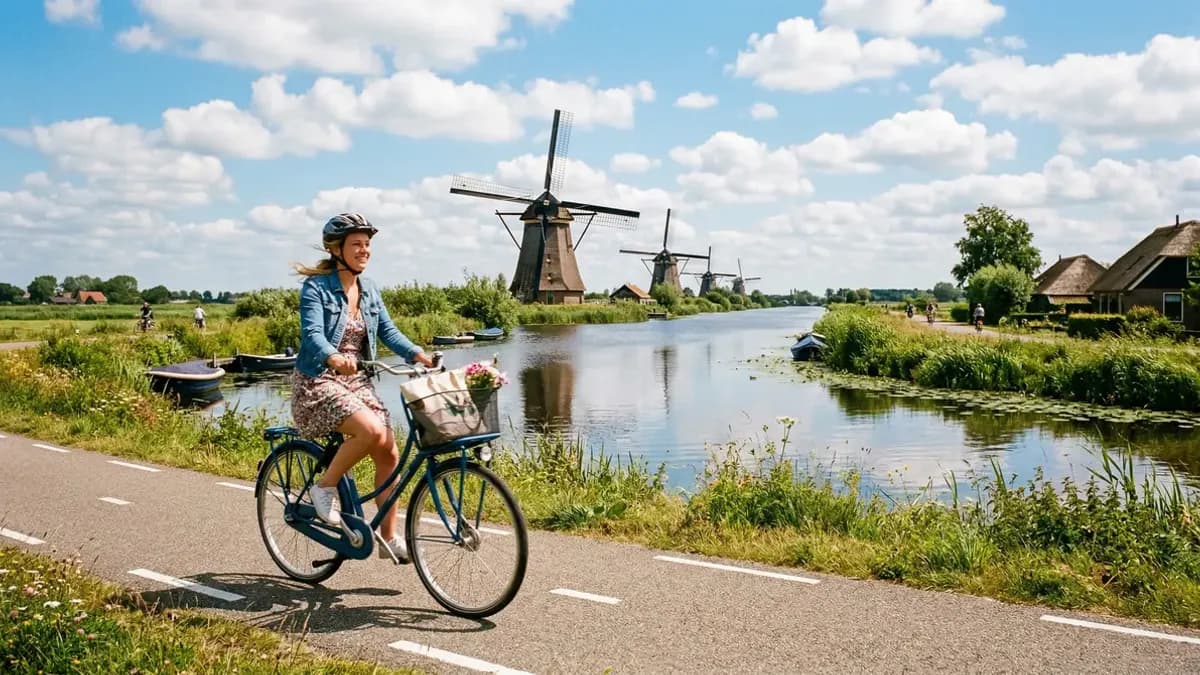 Fietser rijdt langs een Nederlands kanaal met windmolens op de achtergrond bij zonnig weer