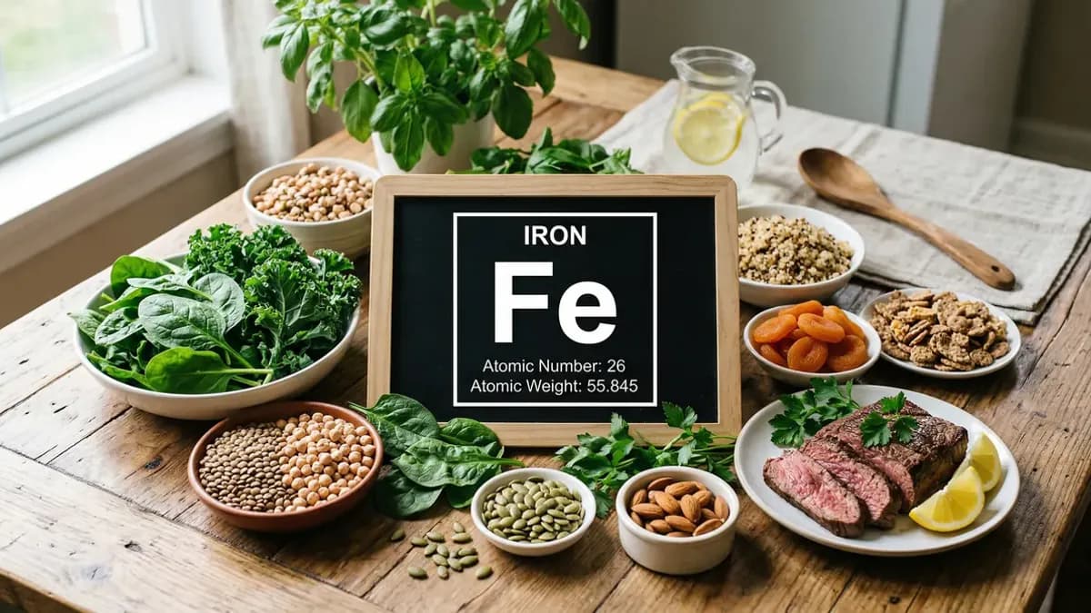 Assortment of iron-rich foods: liver, red kidney beans, spinach and pumpkin seeds displayed next to the periodic table symbol for iron