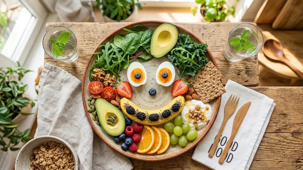 Mood-supporting foods rich in tryptophan including turkey, eggs, nuts and dark chocolate arranged on a bright colourful background
