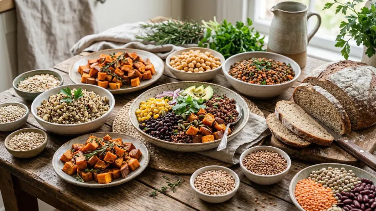 Colourful selection of healthy carbohydrate sources: oats, sweet potato, quinoa and legumes on a wooden table, modern food photography