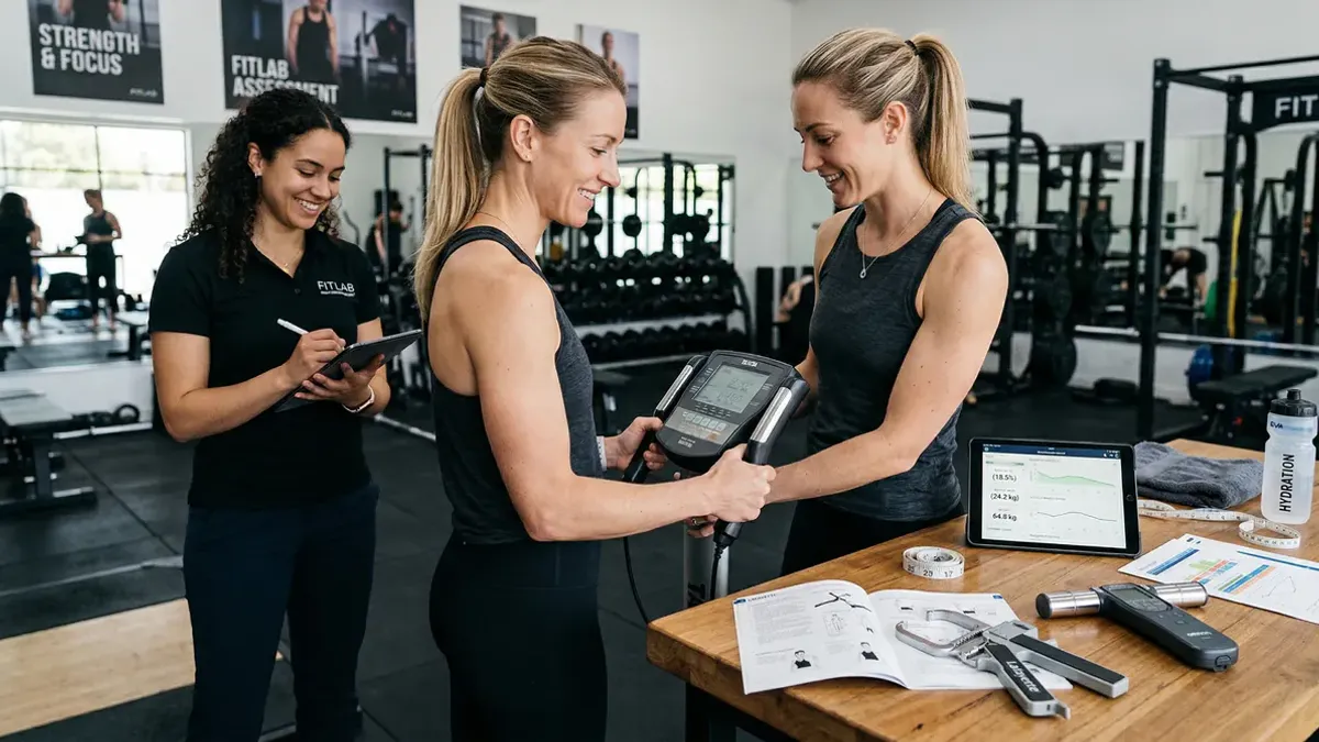 Body composition measurement tools including calipers and a smart scale, with a fit person visible in the background