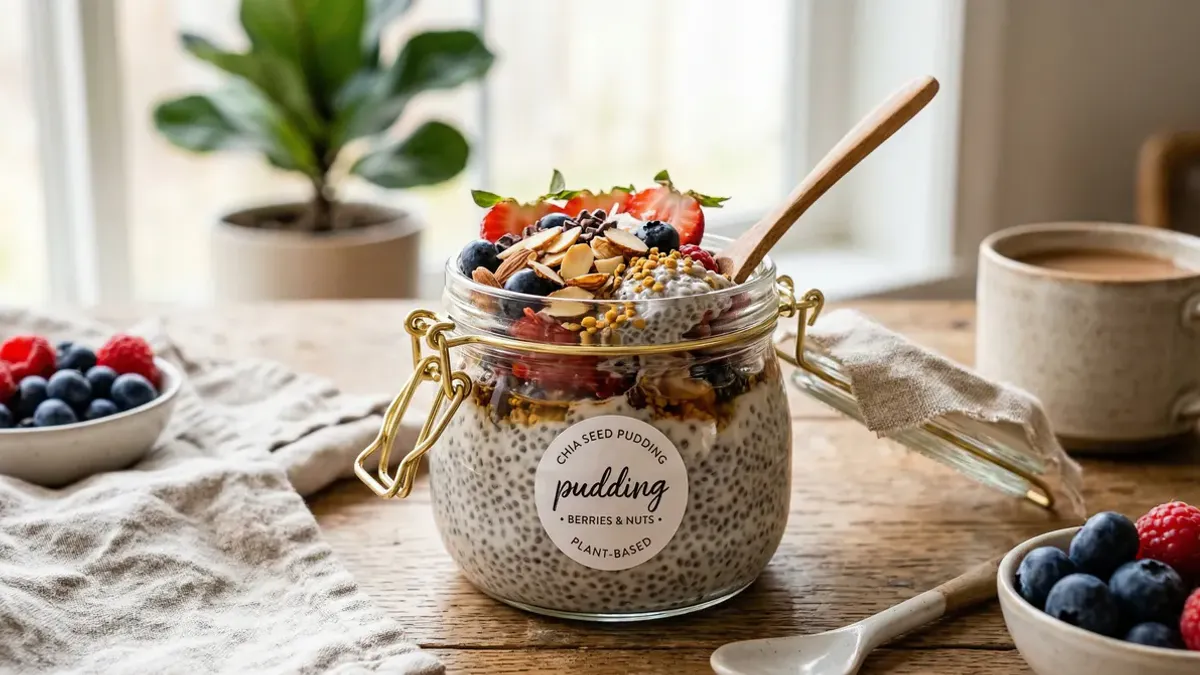 Chia seed pudding in a glass jar with visible seeds and colorful fruit toppings, trendy health food photography on a light background