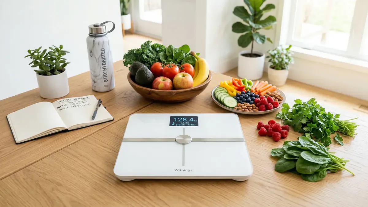 Scale showing weight loss progress surrounded by healthy foods in motivational health photography with bright clean aesthetic