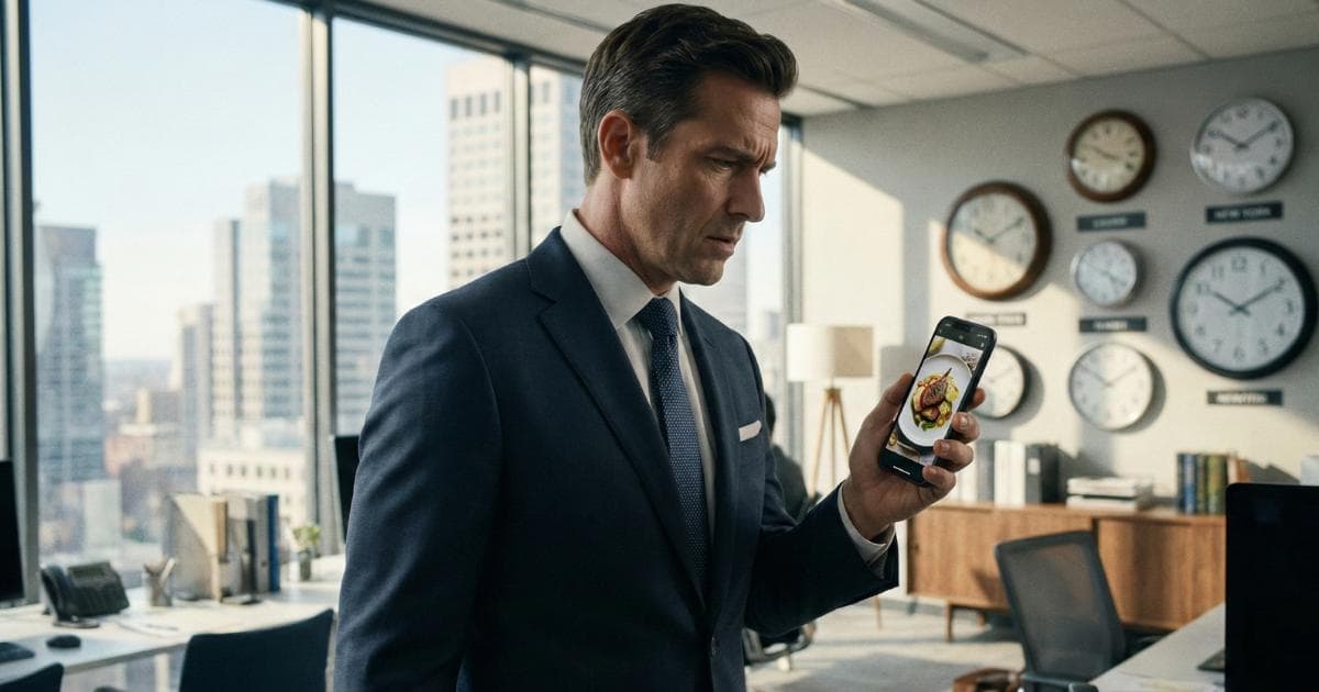 Drukke professional houdt calorieën bij op telefoon tijdens lunchpauze — tips voor calorieën bijhouden