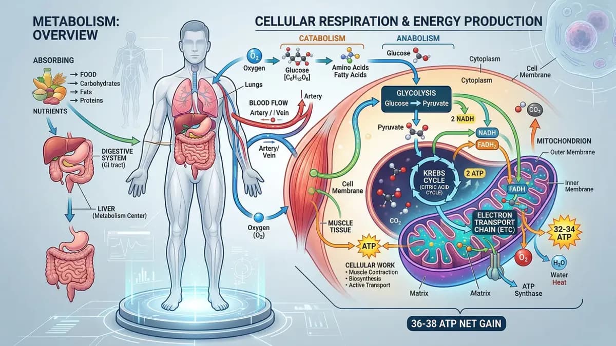 Scientific illustration of human metabolism showing how the body converts food into energy through chemical processes