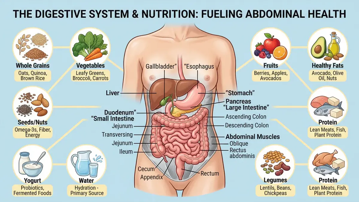 Scientific illustration of belly fat reduction strategies including healthy foods and HIIT training as evidence-based approaches