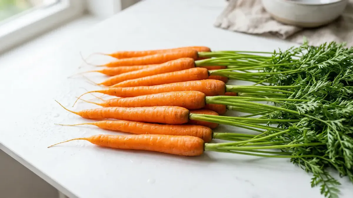 Verse oranje wortelen met loof op een houten keukentafel naast een snijplank met gesneden wortelen