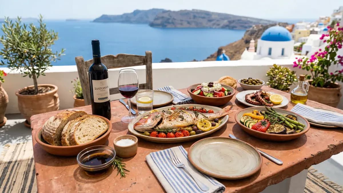 Kleurrijk mediterraan tafelspread met olijfolie, vis, groenten, brood en wijn op een terracotta tafel, zonnig buiten dineren