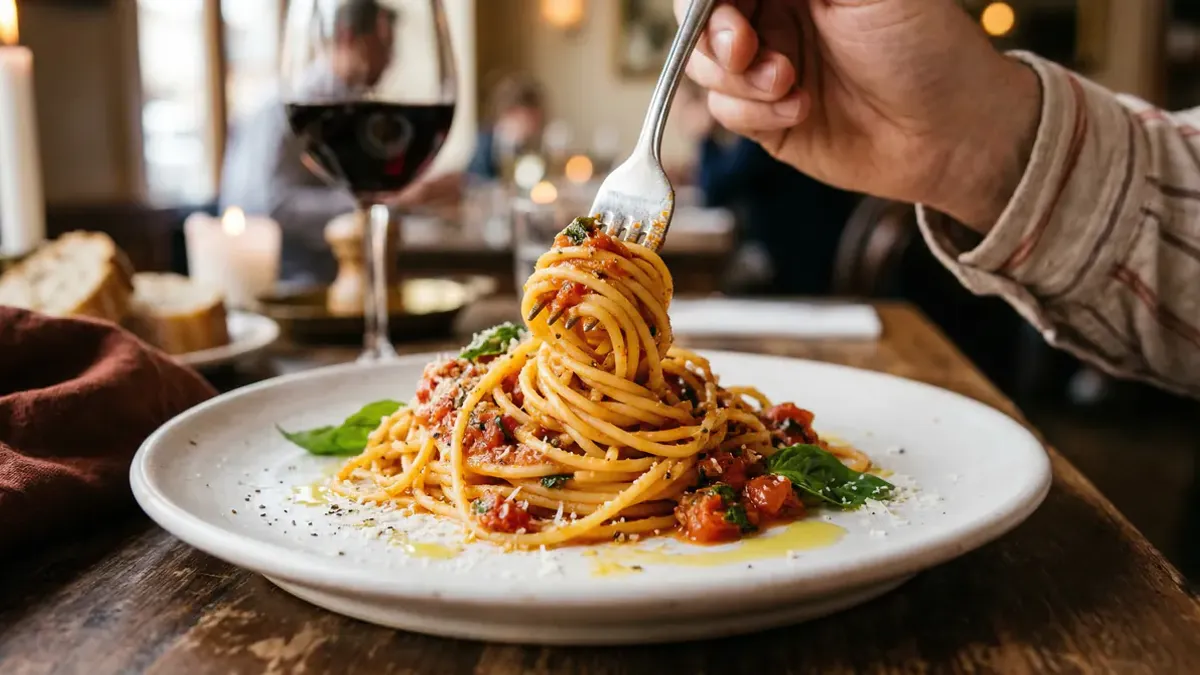 Spaghetti gedraaid om een vork boven een wit bord, close-up van pasta calorieën per portie