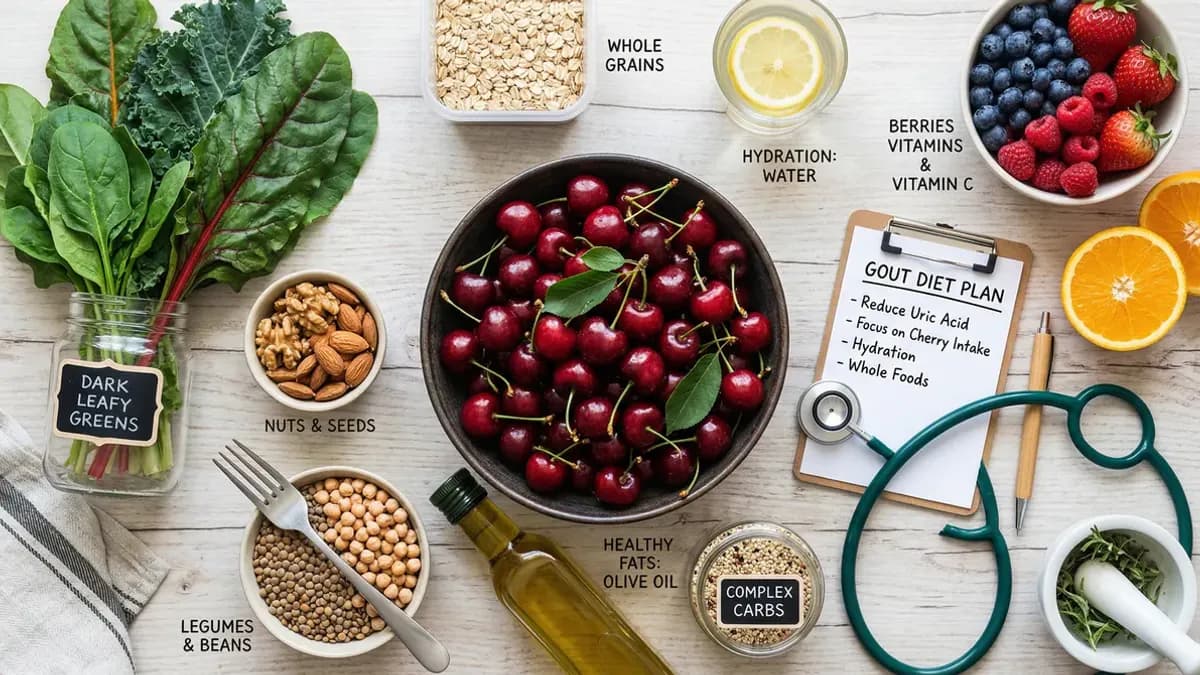 Anti-gout diet ingredients with cherries, low-fat yoghurt and vegetables arranged on a white surface for reducing uric acid and gout attack risk