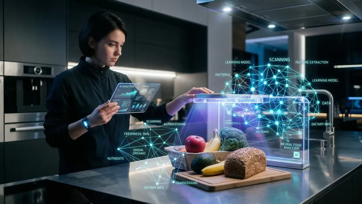 Close-up van een smartphone met een AI calorie tracking app die een maaltijd van salade en kip analyseert, met grafieken en voedingsinformatie op het scherm. De technologie achter slimme voedingsherkenning.