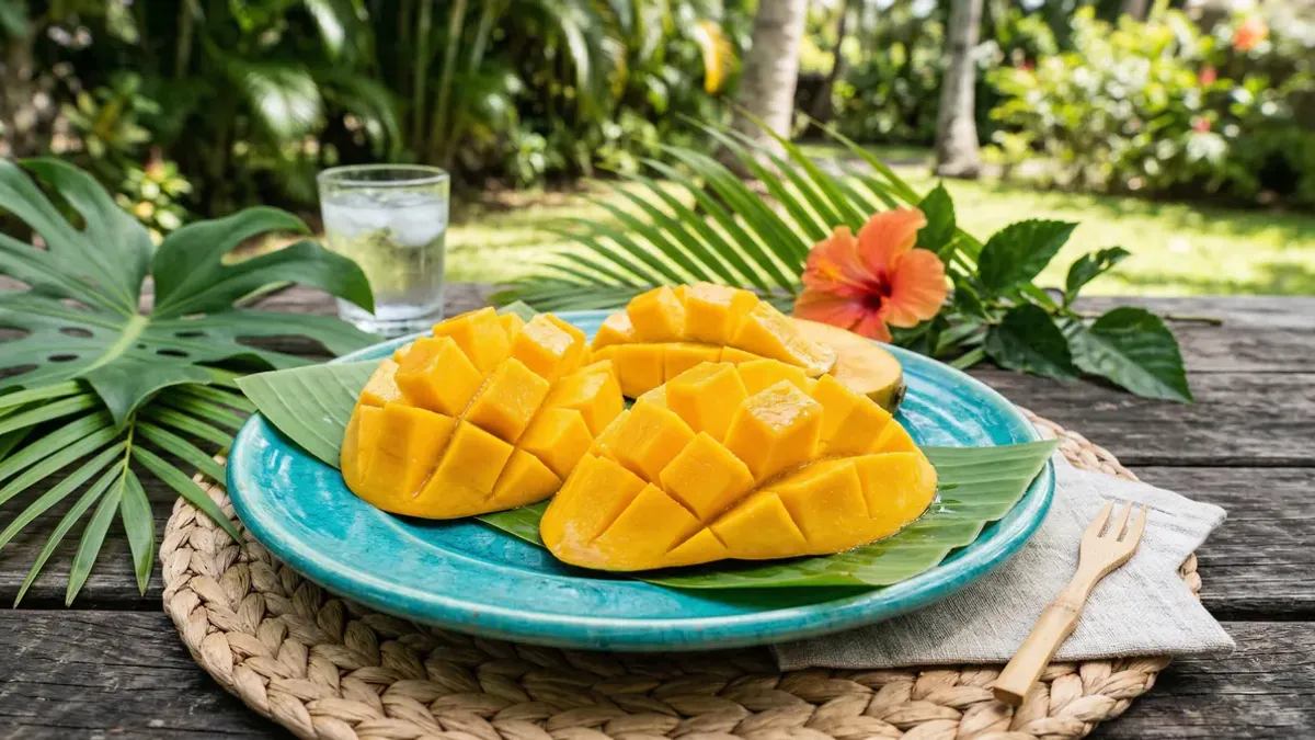 Verse mango in plakjes gesneden op een snijplank naast een schaaltje — calorieën en voedingswaarden overzicht