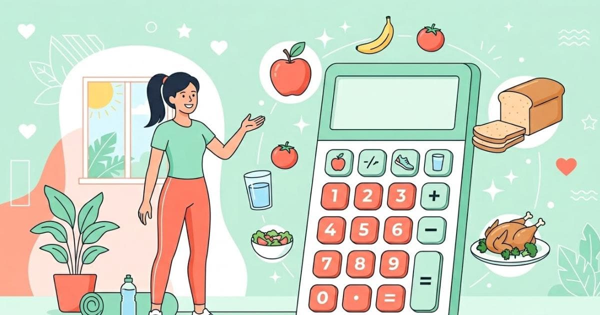 Persoon berekent dagelijkse caloriebehoefte met gezonde maaltijd en notitieblok op de keukentafel