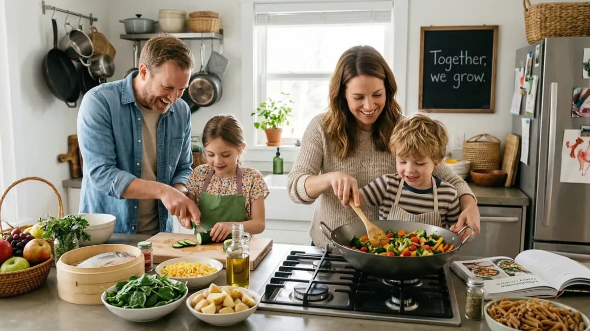 Familie met kinderen bereidt samen een gezonde maaltijd met groenten en fruit in een kleurrijke keuken