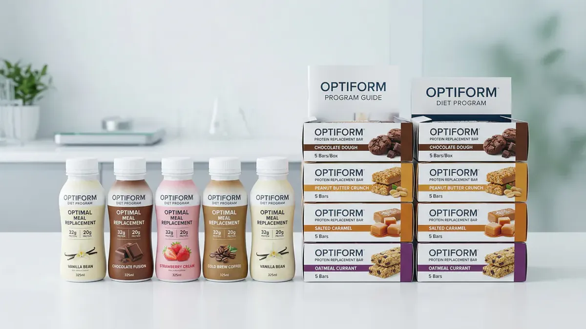 Meal replacement shakes and bars arranged neatly on a white surface, Cambridge diet product photography in clean clinical style