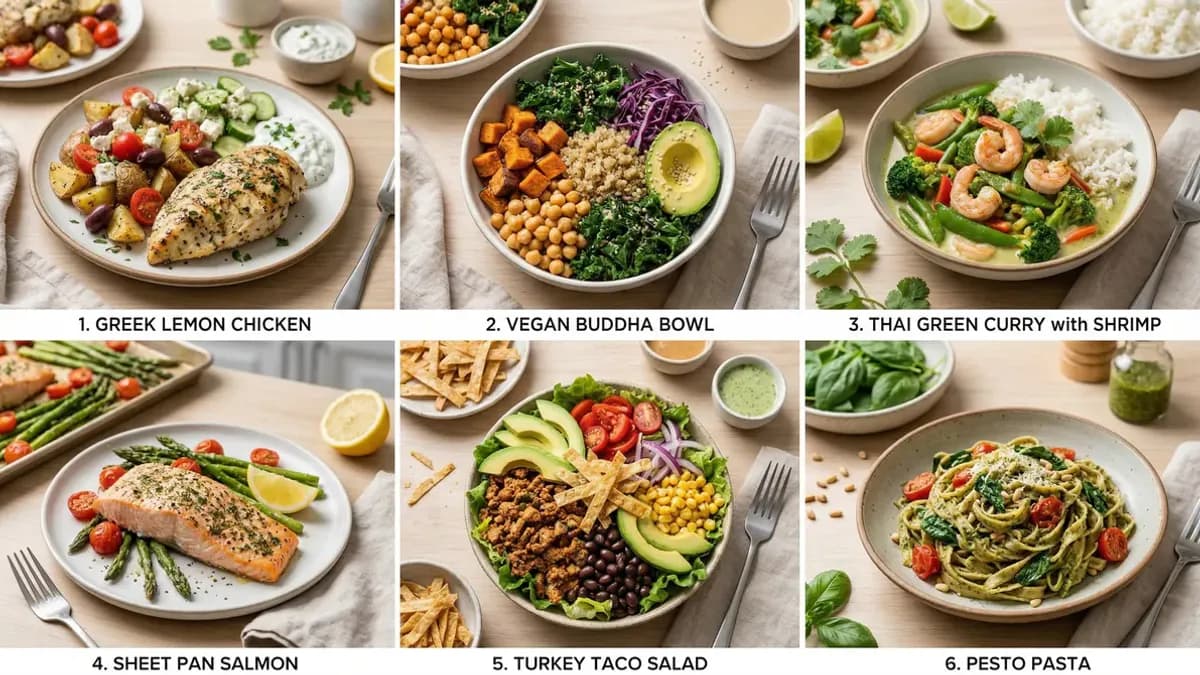Colourful selection of six healthy meals with vegetables, legumes and wholegrains in attractive bowls