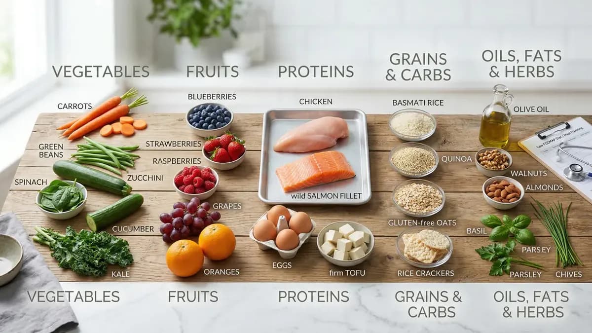 Laag-FODMAP ingrediënten netjes gecategoriseerd op een lichte ondergrond, informatieve voedingsfotografie in medische stijl