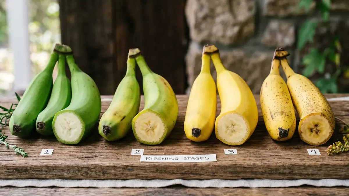 Groene en rijpe bananen naast elkaar die rijpingsstadia tonen, met een doorgesneden banaan die de binnenkant laat zien