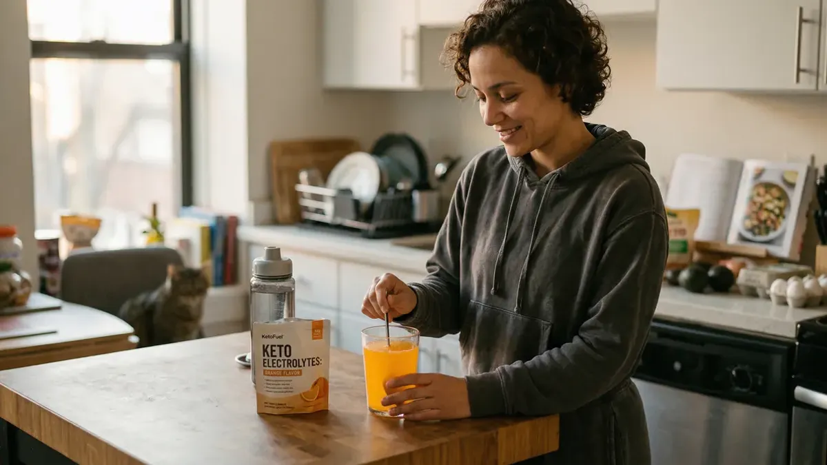 Persoon die begint met keto dieet naast een glas water en elektrolytensupplementen, herstel van keto-griep