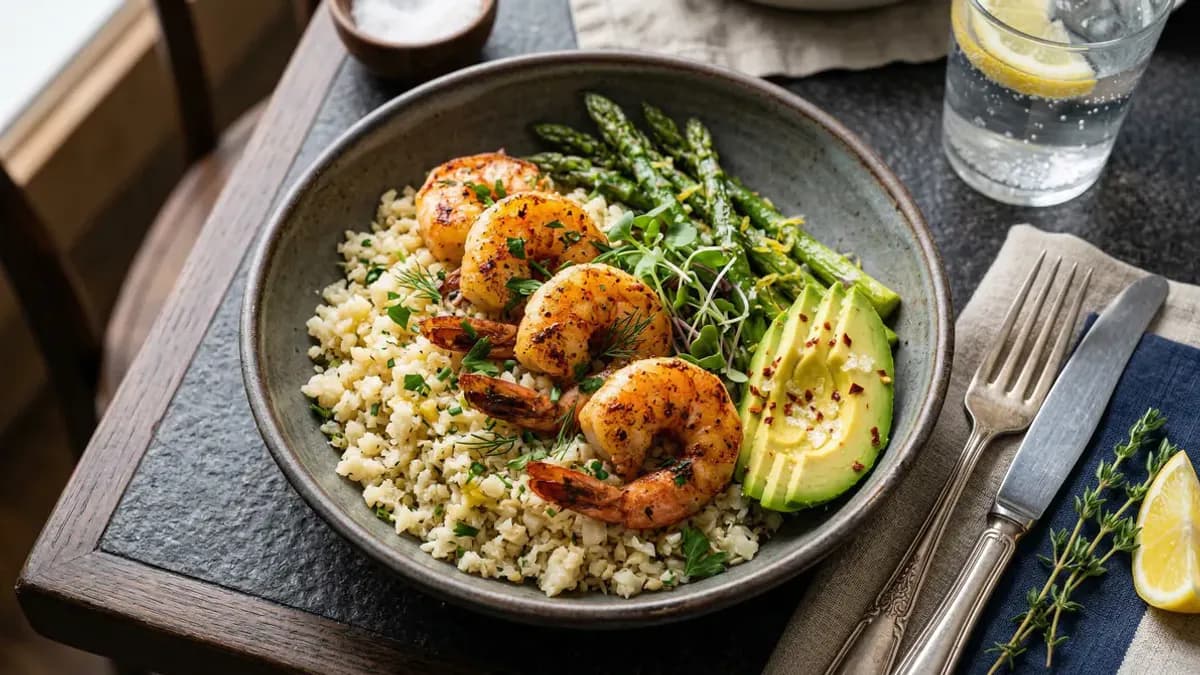 Keto cauliflower rice with prawns plated beautifully with fresh herbs and lime, overhead food photography