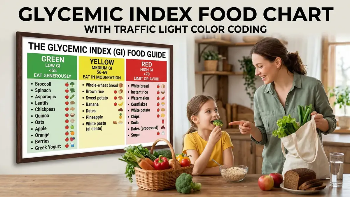 Voedingsmiddelen geordend op glycemische index — van laag naar hoog, met havermout, peulvruchten, wit brood en cornflakes als voorbeelden