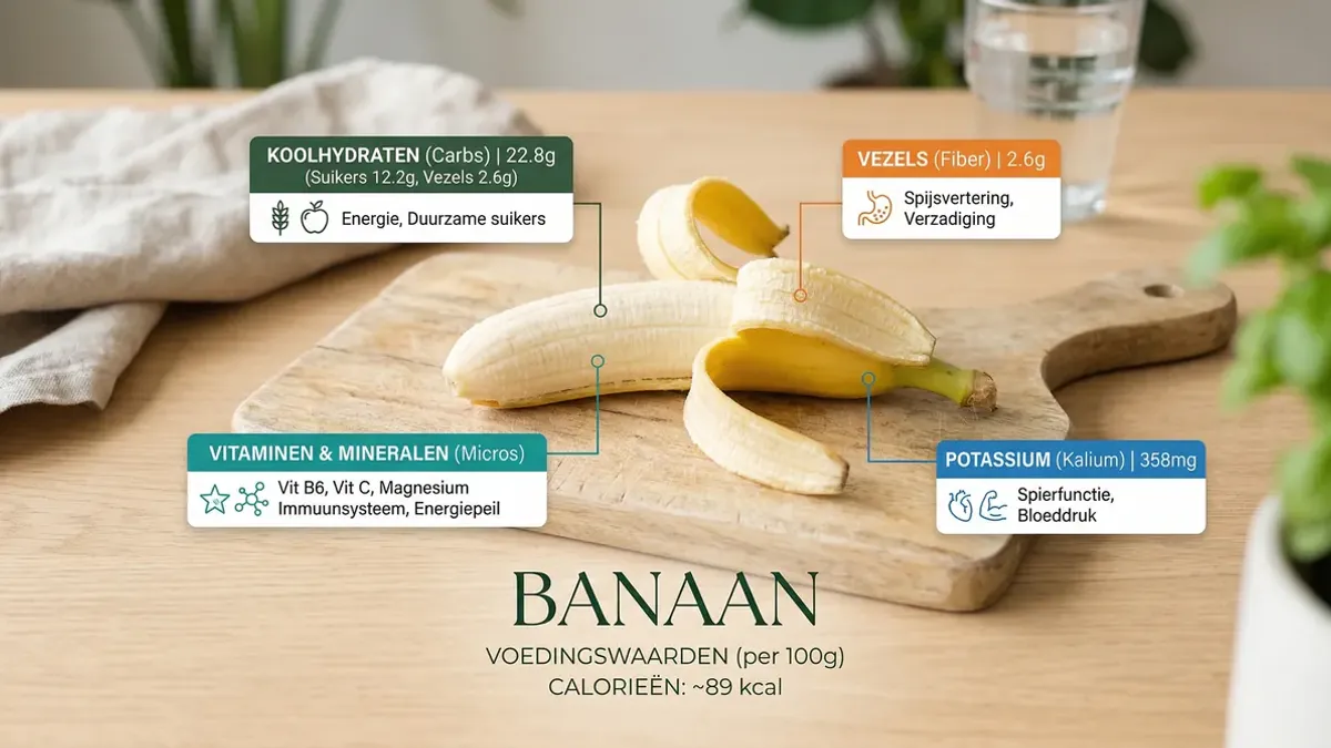 Ripe and green bananas next to a nutritional values table on a light background — nutritional value banana with potassium and vitamins