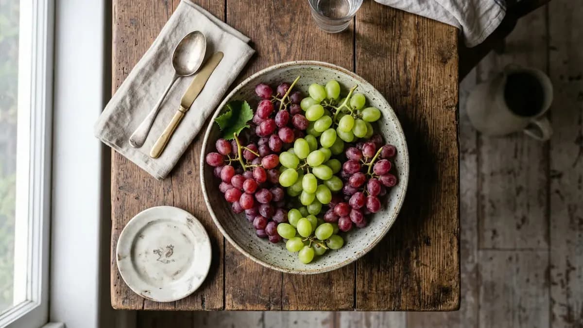 Schaaltje met verse rode en witte druiven op een houten tafel, met een paar losse druiven ernaast