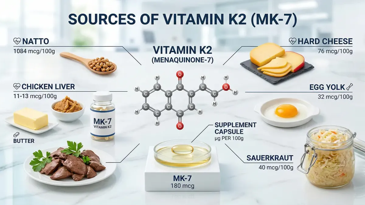 Vitamin K2 supplement capsule next to natto, Gouda cheese and eggs on a wooden surface — sources of vitamin K2 for bones and heart health