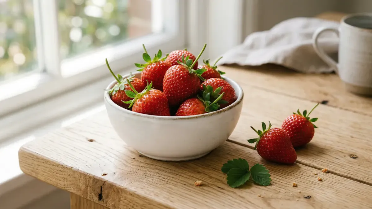 Verse rode aardbeien in een bakje met voedingswaarden overzicht voor calorieën vergelijking