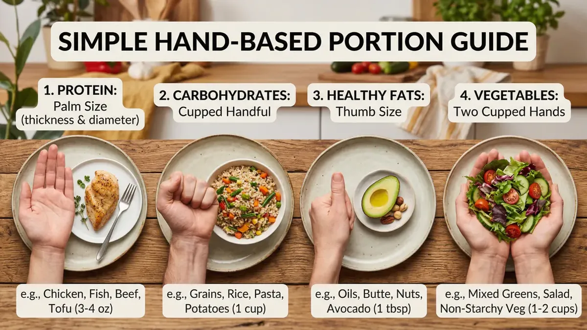 Hand-based portion size guide with real food on a wooden table, practical nutrition education photography