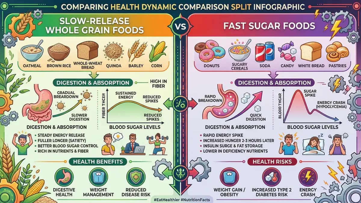 Split image comparing whole grain slow-release foods versus fast sugar foods, educational health comparison photography