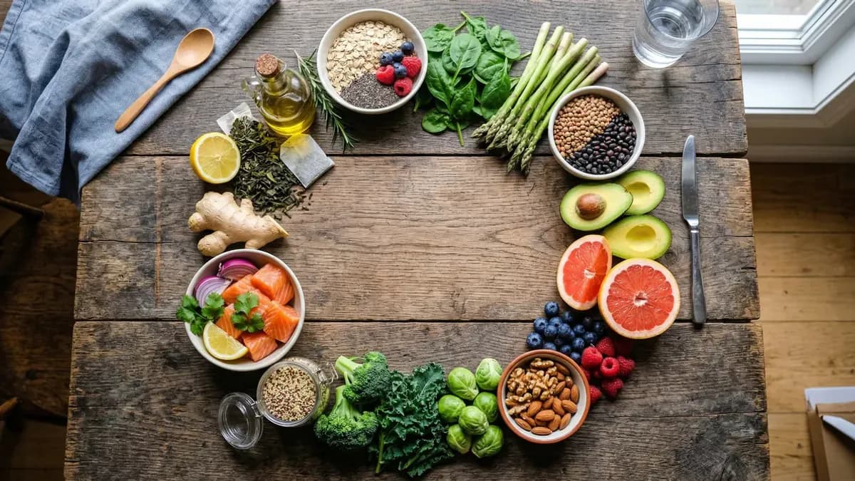 Flat lay of anti-belly-fat foods including salmon, avocado, nuts and green tea arranged on a wooden surface