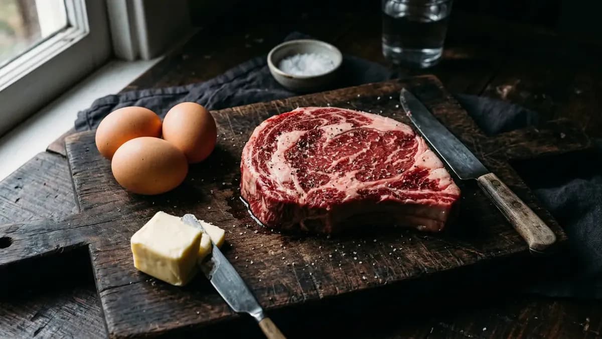 Rauw biefstuk met eieren en boter op een donker houten snijplank, dramatische carnivoor dieet voedingsfotografie