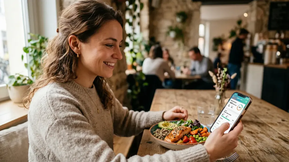 Person losing weight with a smartphone app showing a weight progress chart, healthy food and running shoes in the background — motivational flat illustration