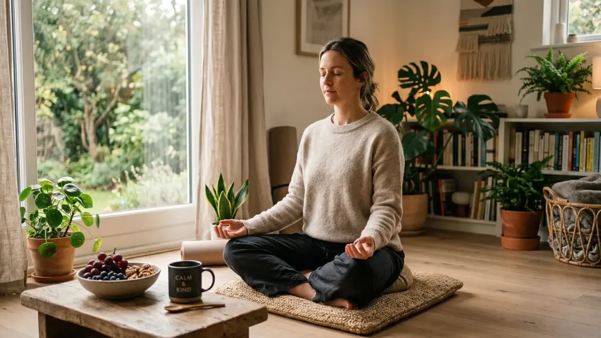 Person practising mindfulness meditation with healthy snacks nearby in calming serene lighting for mental wellness and stress reduction